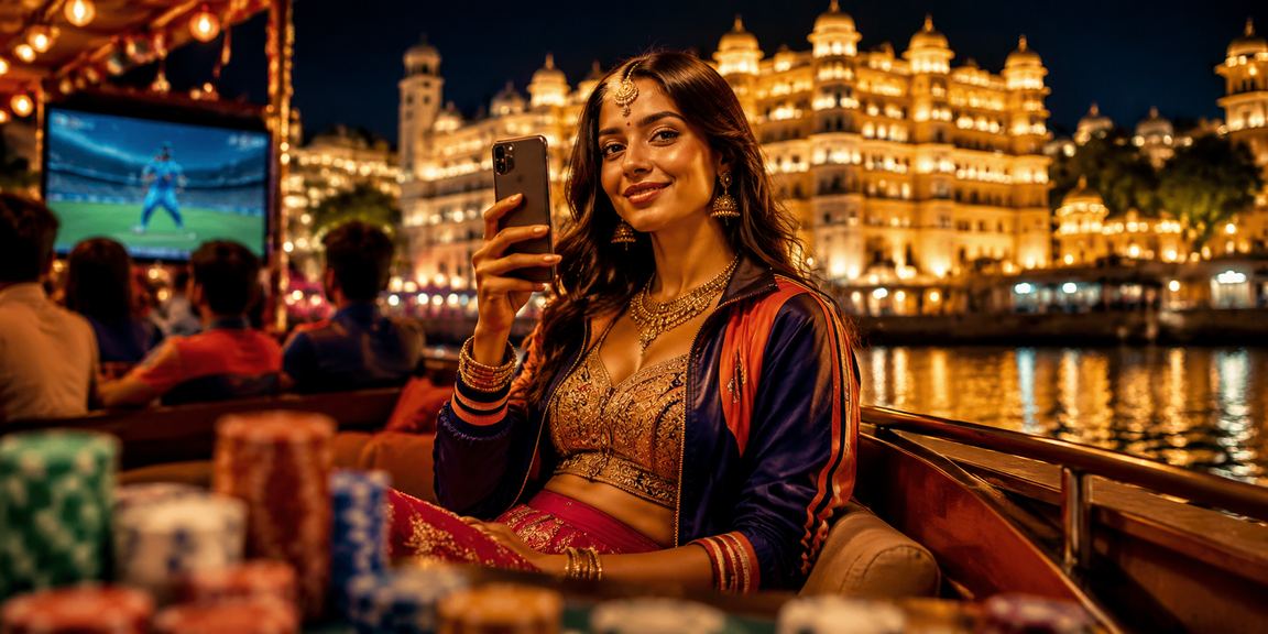 Cricket betting on mobile at night with street market backdrop